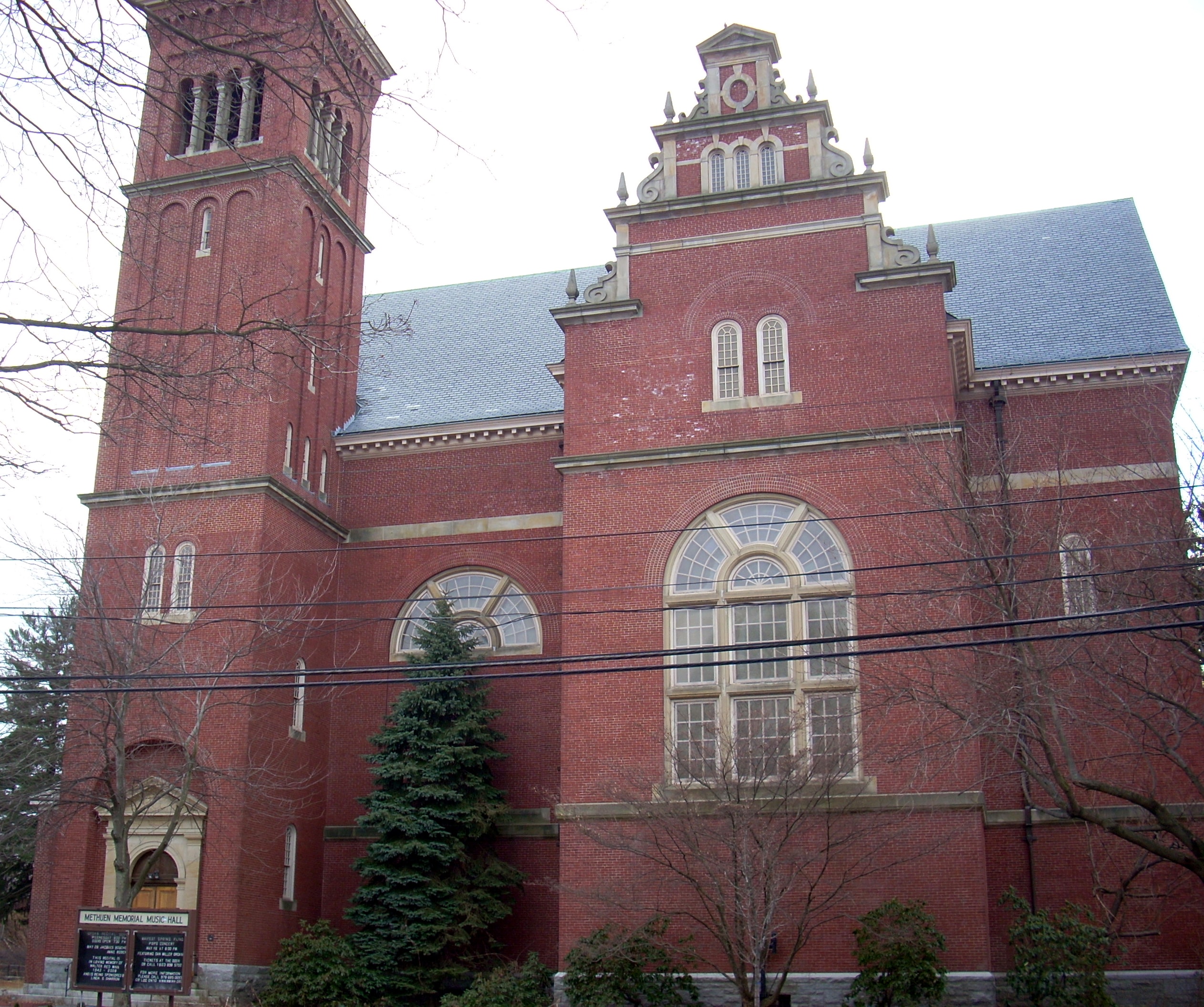 The ornate brick exterior of Methuen Memorial Music Hall